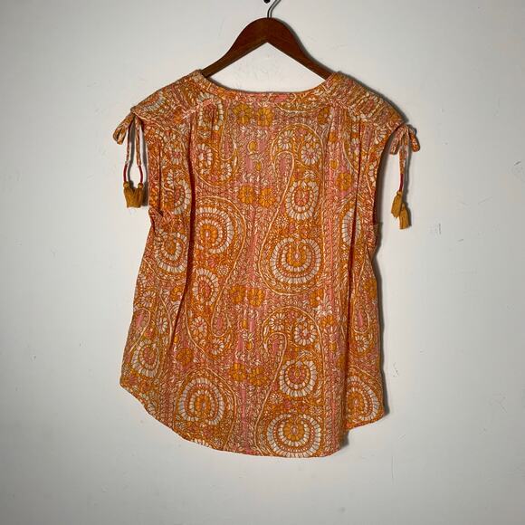 Womens Anthropologie Shirred Cap Sleeve Tassel Blouse, Orange, Size S EUC! - Picture 5 of 5